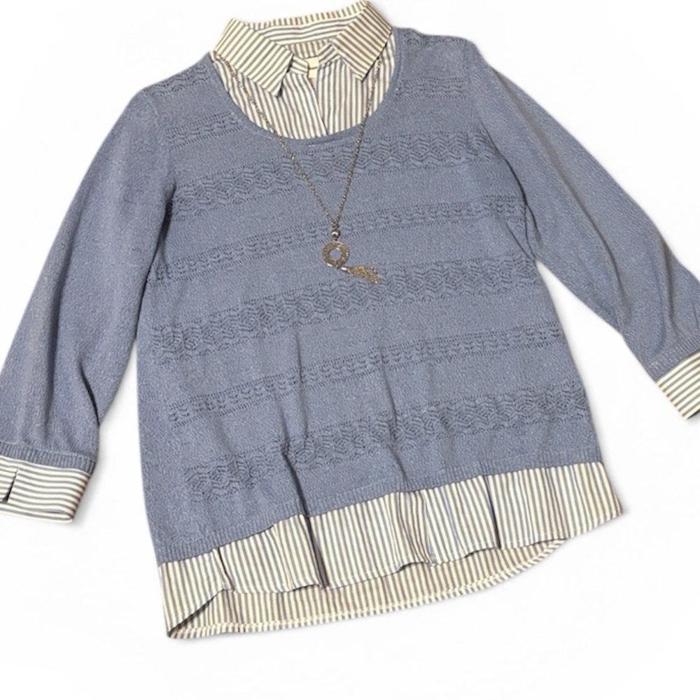 Alfred Dunner Light Blue Sweater with Blue & White Striped Attached Shirt Detail
